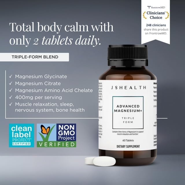 JSHealth Magnesium Supplement for Sleep. 400mg Triple-Form Glycinate, Citrate, Amino Acid Chelate. By Nutritionist Jessica Sepel (60 Tablets)