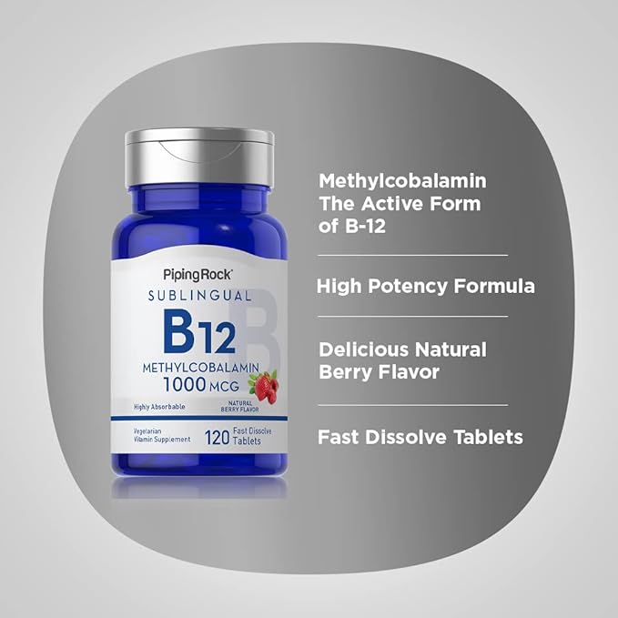 Piping Rock Vitamin B12 1000 mcg Sublingual | 120 Tablets | as Methylcobalamin | Berry Flavor | Vegetarian, Non-GMO, Gluten Free Supplement