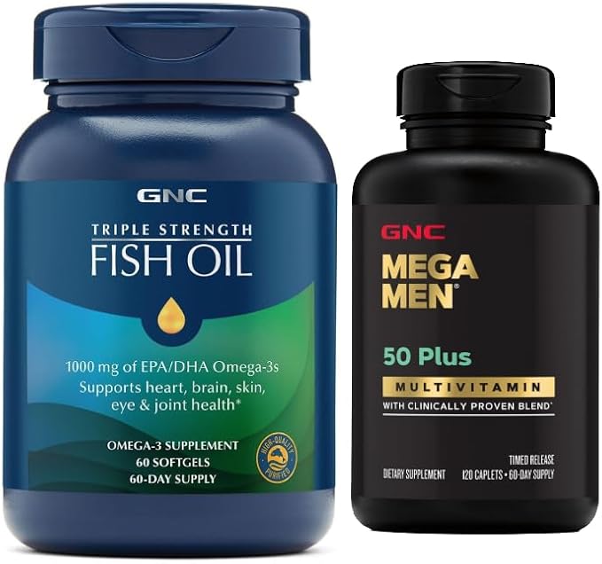 GNC Men's 50+ Heart & Vitality Bundle (2 Items): Triple Strength Fish Oil (60 Softgels) & Mega Men 50 Plus Multivitamin (120 Count)