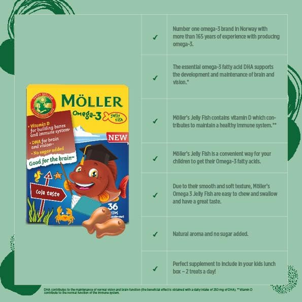 Moller’s ® | Omega 3 Capsules for Children | Natural Fish Oil Omega 3 Fish Oil for Kids | with DHA and EPA, No Gluten, Lactose or Added Sugar & Easy to Chew | Cola Flavor | 36 Capsules
