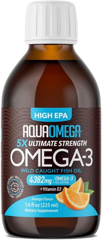 5X Ultimate Strength Liquid Fish Oil Supplements, Wild Caught Omega 3 Fish Oil Liquid, High EPA & DHA Omega3 Fatty Acids, Omega 3 Supplement with Vitamin D, 7.60floz, Orange Flavor