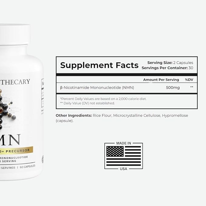 NMN 500mg - Nicotinamide Mononucleotide NAD+ Precursor Supplement, 60 Capsules, 30 Servings, Vegan, Non-GMO, Gluten Free, Made in USA