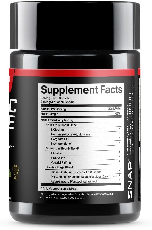 Snap Supplements Nitric Oxide Supplement with L-Arginine to Support Energy, Quick Recovery, Heart Health, Muscle Growth & Circulation, 60 Vegetarian Capsules (1 Month Supply)