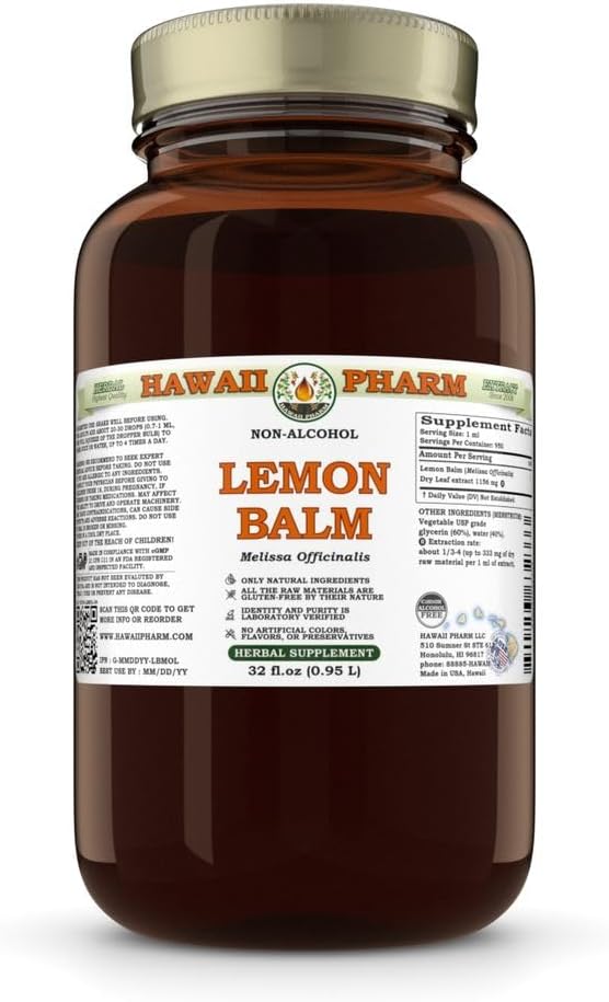 Hawaii Pharm Lemon Balm Alcohol-Free Extract, Glycerite for Relaxation, Supports Restful Sleep, Promotes Mental Clarity and Cognitive Function, Eases Digestive Discomfort - 32 fl.oz