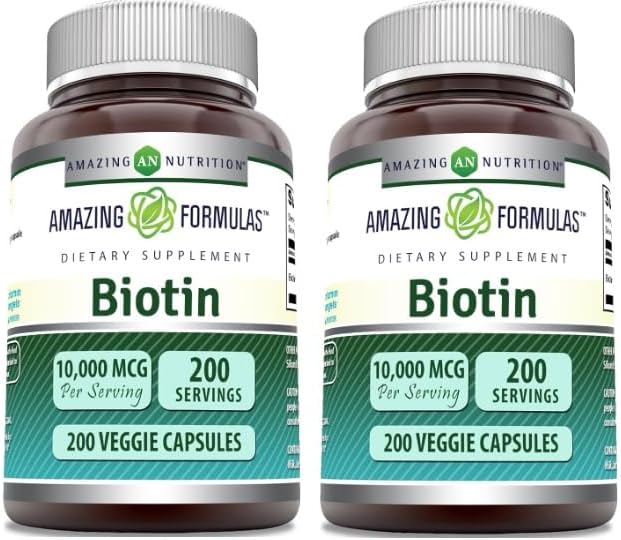 Amazing Formulas Biotin 10000 Mcg Vegetarian Capsules | Vitamin B7 Supplement | Non-GMO | Gluten-Free | Made in USA (200 Count | 2 Pack)