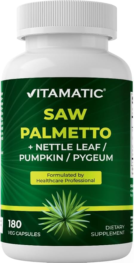 Vitamatic Saw Palmetto Extract for Men & Women 180 Veg Capsules - Made with Pumpkin Seed, Pygeum, Nettle Leaf - Made in the USA - Promotes Healthy Prostate Function