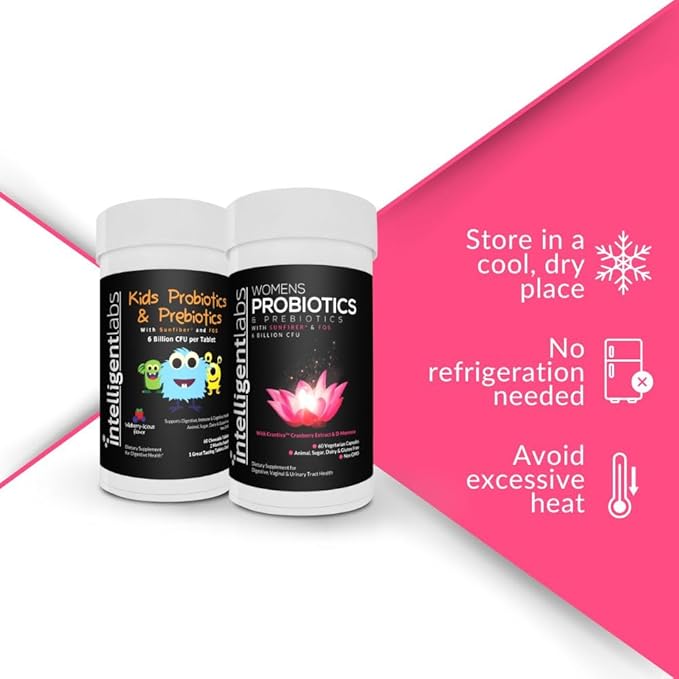 Intelligent Labs 2-in-1 Bundle of Kids’ Probiotics with Hydrolyzed Guar Gum and FOS + Women’s Probiotics (UTI Formula with Cranberry & D-Mannose), No Refrigeration Required, 2 Months Supply Per Bottle