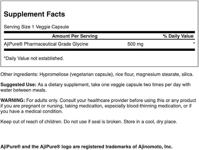 Swanson Amino Acid Ajipure Glycine Pharmaceutical Grade 500 Milligrams 60 Veg Capsules