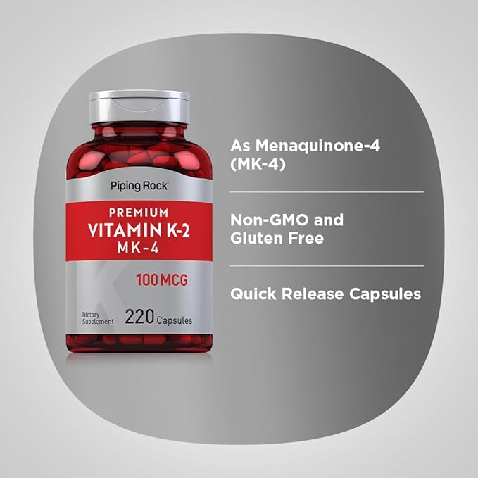 Piping Rock Vitamin K2 MK4 Supplement | 100 mcg | 220 Capsules | Non GMO & Gluten Free