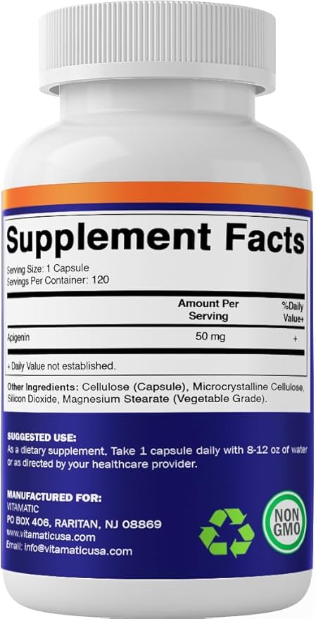 Vitamatic Apigenin 50mg – 120 Vegetarian Capsules Plant-Based Flavonoid for Cellular Health, Relaxation & Healthy Aging