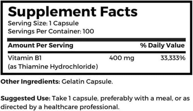 Dr. Clark Vitamin B1 Thiamine 400mg Supplement -Thiamine B1 Supplement for Healthy Nervous System & Energy Metabolism, Gluten-Free, Dairy Free - 100 Gelatin Capsules