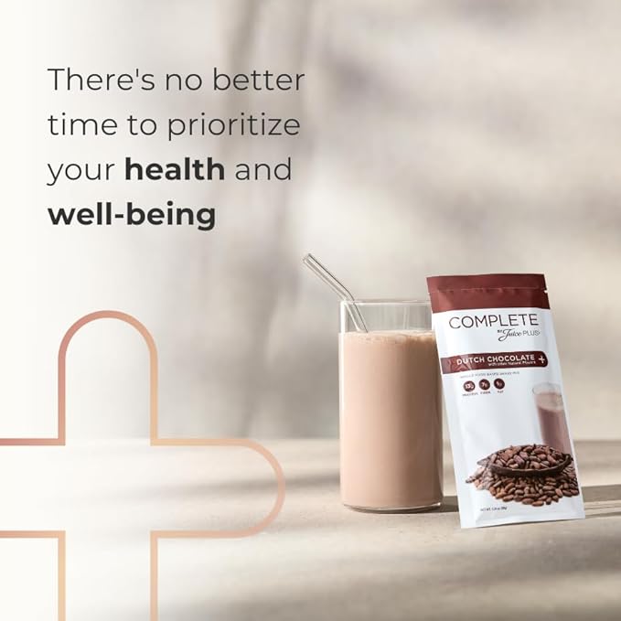 Complete by JuicePlus+ Dutch Chocolate Shakes - Plant-Based Nutrition - Whole Food Based Shake Powder with Protein, Fiber & Prebiotics - 30 Servings (2 Pouches, 15 Servings Each)