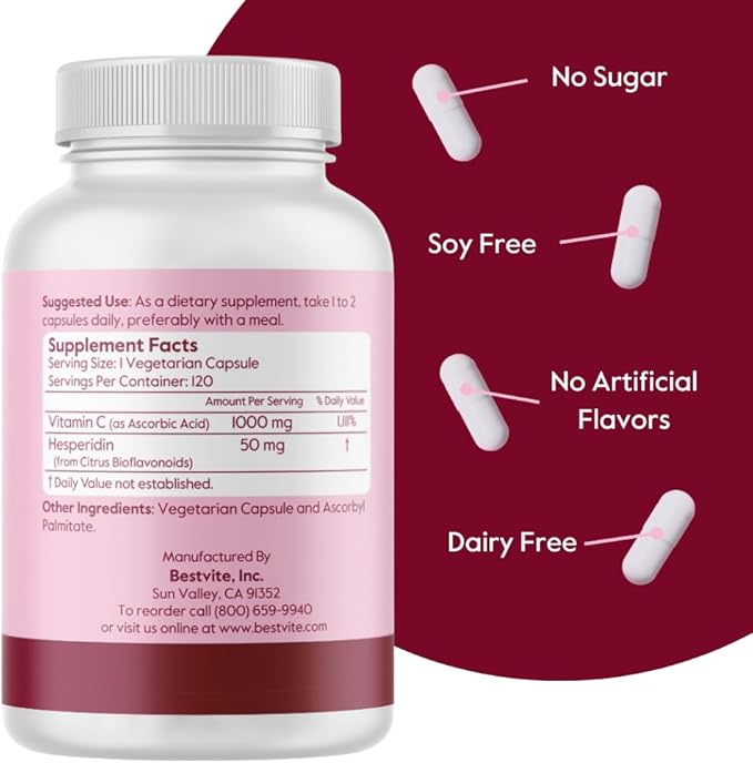 BESTVITE High Strength Vitamin C 1000mg (120 Vegetarian Capsules) with Citrus Bioflavinoids - No Stearates - Vegan - Non GMO - Gluten Free - Daily Antioxidant & Immune Support*