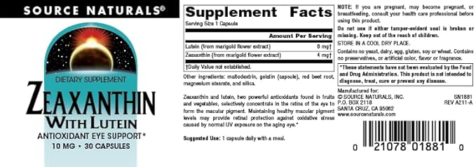 Source Naturals Zeaxanthin with Lutein, Antioxidant Eye Support* - 10 mg - 30 Capsules