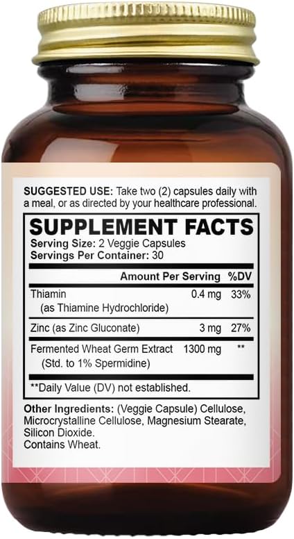 Advanced Spermidine Supplement, Fermented Wheat Germ Extract with Zinc & Vitamin B1, Cellular Health Support, Vegan Capsules, 60 Count