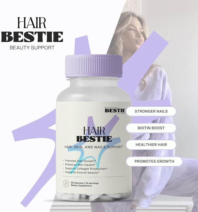 Biohacking Bestie Hair Bestie for Women & Men - Hair Growth Supplement with Biotin, Collagen, Vitamin B5, & Keratin, Support for Skin Health & Nails - 60 Capsules