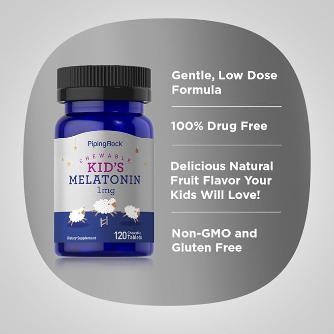 Piping Rock Kids Melatonin 1mg | 120 Chewable Tablets | Supplement for Children | Vegetarian,Non-GMO, Gluten Free