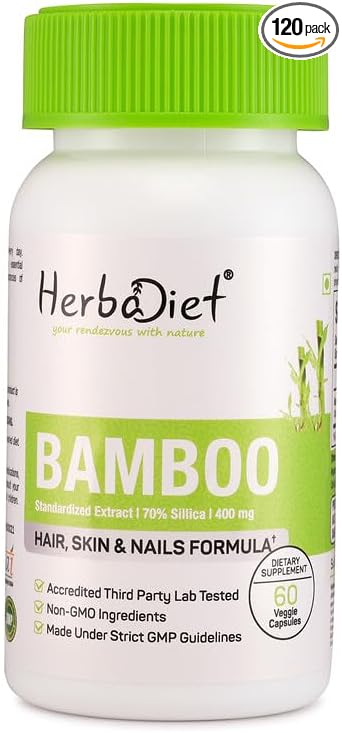 Herbadiet Bamboo Extract Capsules | Supports Healthy Skin, Hair & Nails | Natural Hair Supplement with 70% Silica (120 Capsules)