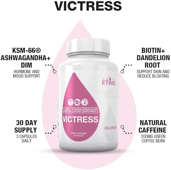 Sweat Ethic Victress, Hormone Balance Support for Women with KSM-66 Ashwagandha, DIM, Biotin, Folic Acid, Dandelion Root, Cayenne Pepper & Vitamin D3, Daily Wellness Formula, 90 Easy to Take Capsules