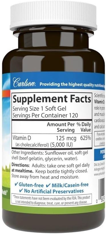 Carlson Labs Vitamin D3 5000 IU Soft Gels, 120 Count