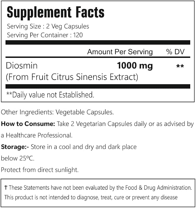 Diosmin Capsules, 240 Count, 1000 mg Serving, Vegan, Citrus Bioflavonoids 100% Vegetarian, Non-GMO & Gluten Free Diosmin Supplement with Max Strength - 2 Packs
