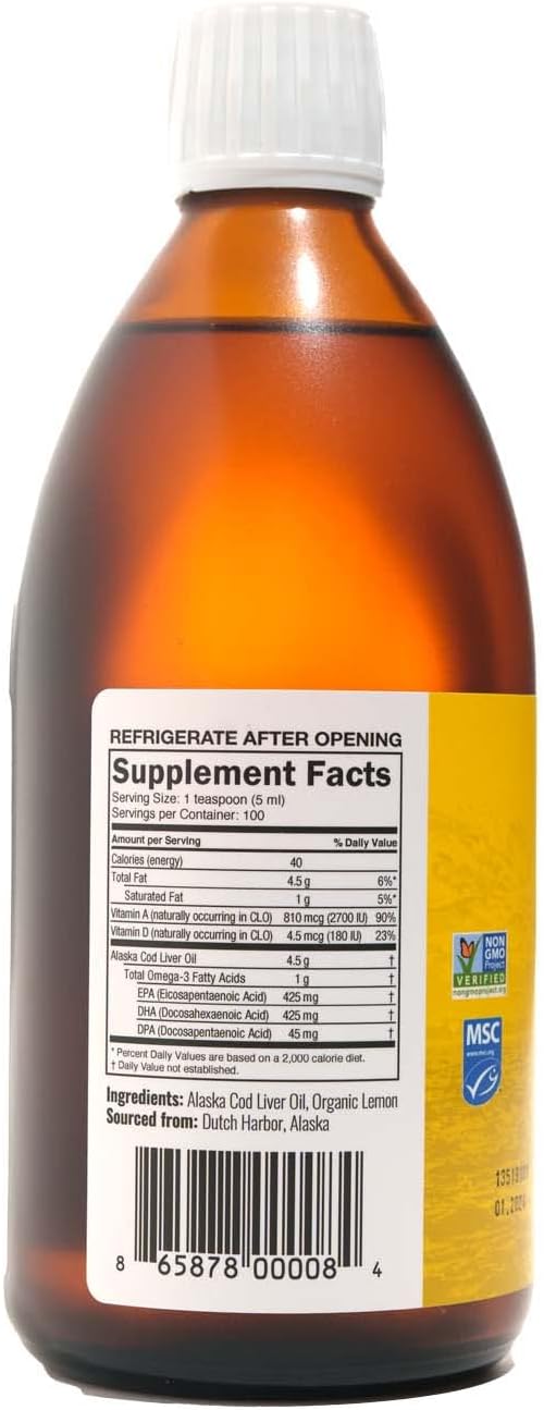 On Target Living Alaskan Cod Liver Oil Organic Lemon Flavor 16.67 oz (2-Pack) | Line Caught in The USA | Naturally Occurring Vitamin D | Rich in Omega 3 DHA/EPA | Non-GMO Project Certified