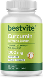 BESTVITE Curcumin 1000mg per Tablet (Turmeric Extract)(120 Tablets) Featuring Clinically Studied Curcumin C3 Complex® & BioPerine® - Standardized to 95% Curcuminoids - Vegan - Non GMO - Gluten Free