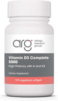 Allergy Research Group Vitamin D3 Complete 5000 - Delivers 125 mcg Vitamin D3 - with Vitamin A & K2 - Supports Bone Strength, Immune Balance & Healthy Mindset - 120 Servings - 120 Capsules
