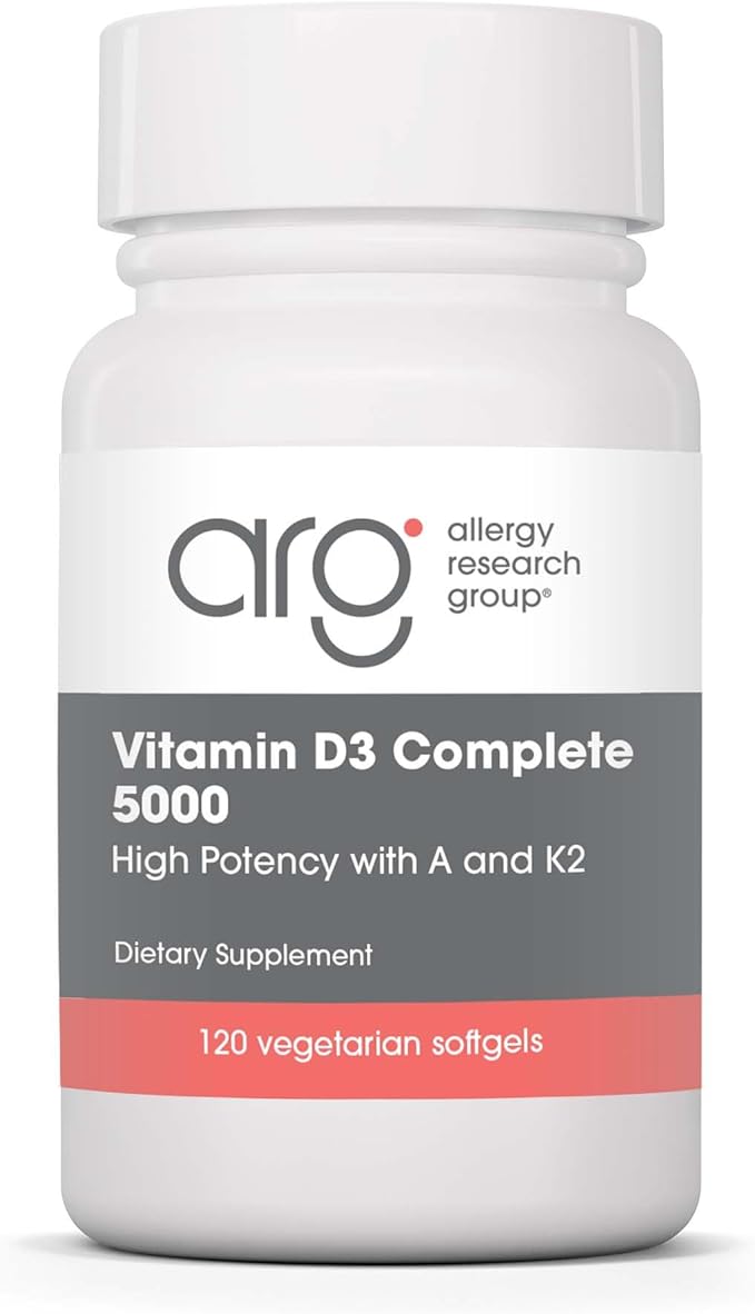 Allergy Research Group Vitamin D3 Complete 5000 - Delivers 125 mcg Vitamin D3 - with Vitamin A & K2 - Supports Bone Strength, Immune Balance & Healthy Mindset - 120 Servings - 120 Capsules