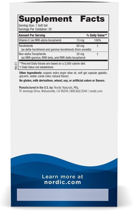 Nordic Naturals Vitamin E Complex, Unflavored - 30 Soft Gels - 6 Forms of Vitamin E for Antioxidant Support - Cellular Protection - Non-GMO - 30 Servings