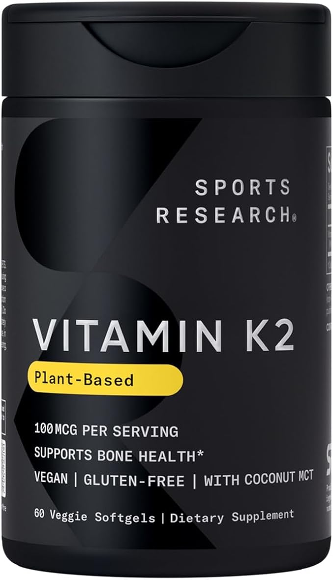 Sports Research® Vitamin K2 as MK-7 100mcg with Coconut MCT Oil - 60 Veggie Softgels (2 Month Supply) Vegan Certified, Non-GMO Verified, Gluten & Soy Free