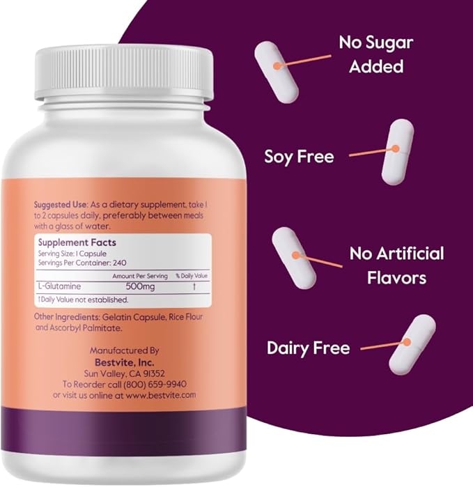 BESTVITE L-Glutamine 500mg per Capsule (240 Capsules) - No Dicalcium Phosphate - No Stearates - Non GMO - Gluten Free - Gut Health Support
