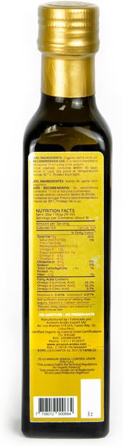 Amazon Andes Organic Sacha Inchi Oil 8.45 fl oz 250ml Glass Bottle - Cold Pressed Extra Virgin - Omega 3 6 9 Fatty Acids - USDA Organic Inca Peanut Oil from Peru - Plant Based Vegan