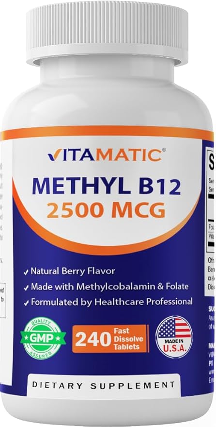 Vitamatic Methyl B12 2500 mcg with Folic Acid – Natural Berry Flavor – 240 Fast Dissolve Tablets – Methylcobalamin Vitamin B12 for Energy & Nervous System Support – Vegan & Non-GMO Supplement