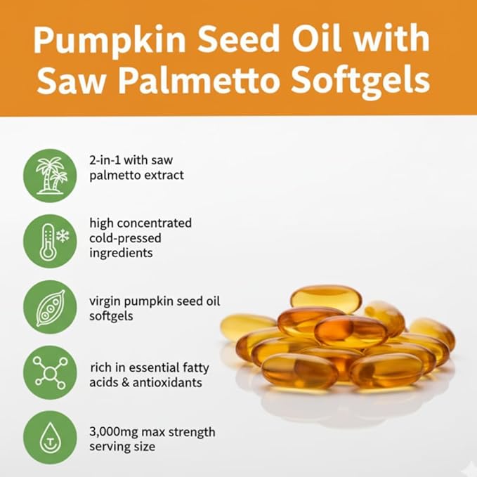 Pumpkin Seed Oil with Saw Palmetto – 3000mg Per Serving, 300 Softgels | Cold Pressed Virgin Oil | Supports Prostate, Bladder, Urinary & Hair Health | Non-GMO