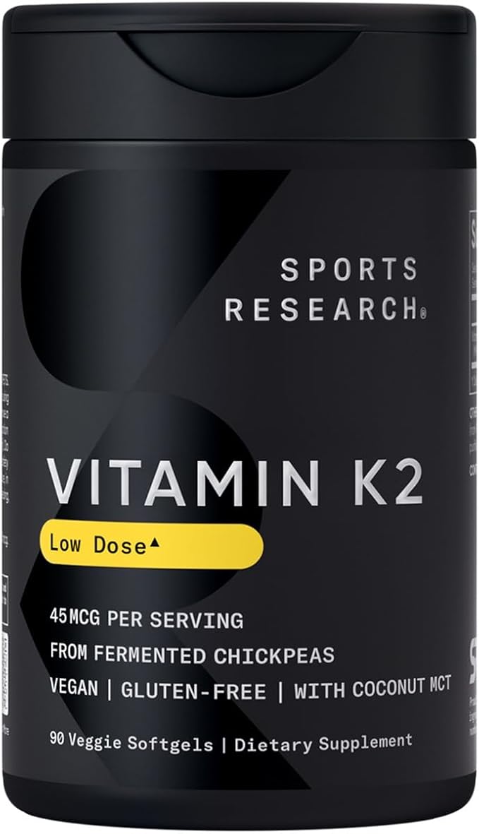 Sports Research Low Dosage Vitamin K2 as MK-7 45mcg with Coconut MCT Oil - Vegan Certified, Non-GMO Verified & Gluten-Free - 90 Softgels