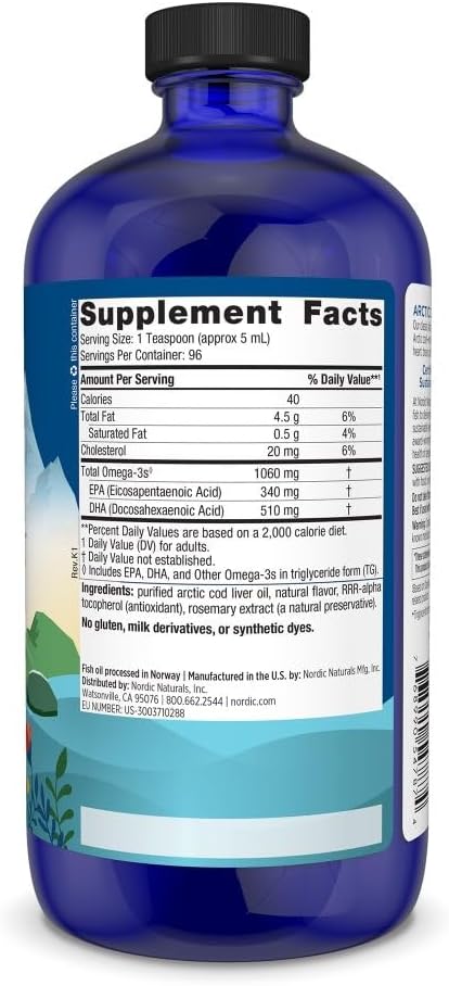 Nordic Naturals Arctic Cod Liver Oil, Orange - 16 oz - 1060 mg Total Omega-3s with EPA & DHA - Heart & Brain Health, Healthy Immunity, Overall Wellness - Non-GMO - 96 Servings