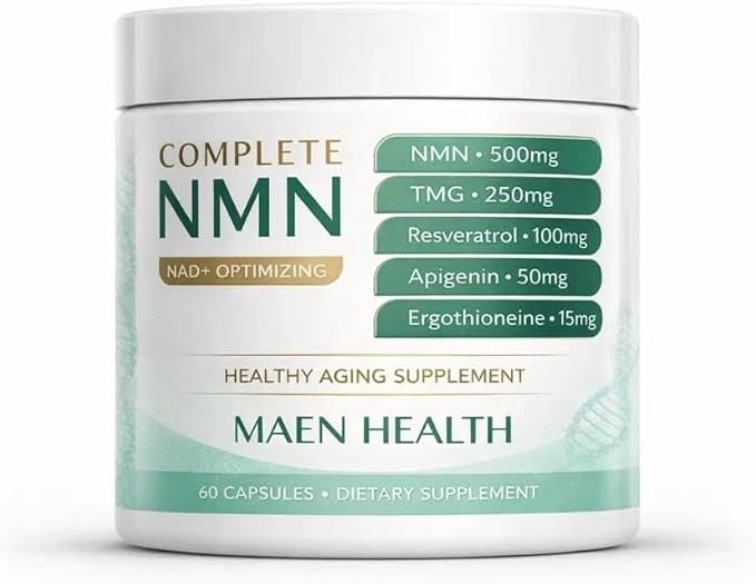 MAEN Health Complete NMN - 5-in-1 Anti-Aging Capsules, 500mg NMN with Resveratrol, Trimethylglycine, Ergothioneine, and Apigenin | NAD+ Optimized | Non-GMO, Gluten-Free 60 Capsules