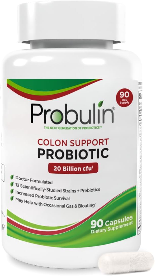 Probulin Colon Support Probiotic Supplement, Daily Gut, Digestive, and Immune Health Probiotics Capsules for Men and Women, 20 Billion CFU, Vegan, 90 Count Bottle