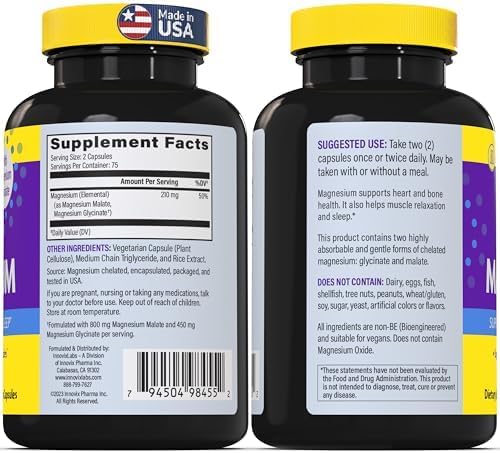 InnovixLabs Advanced Magnesium Capsules - 150 Ct, 210 mg - Chelated Glycinate and Malate - High Absorption, Promotes Relaxation, Bones, Muscle Health, Vegan Malate Sleep Supplement (Pack of 2)