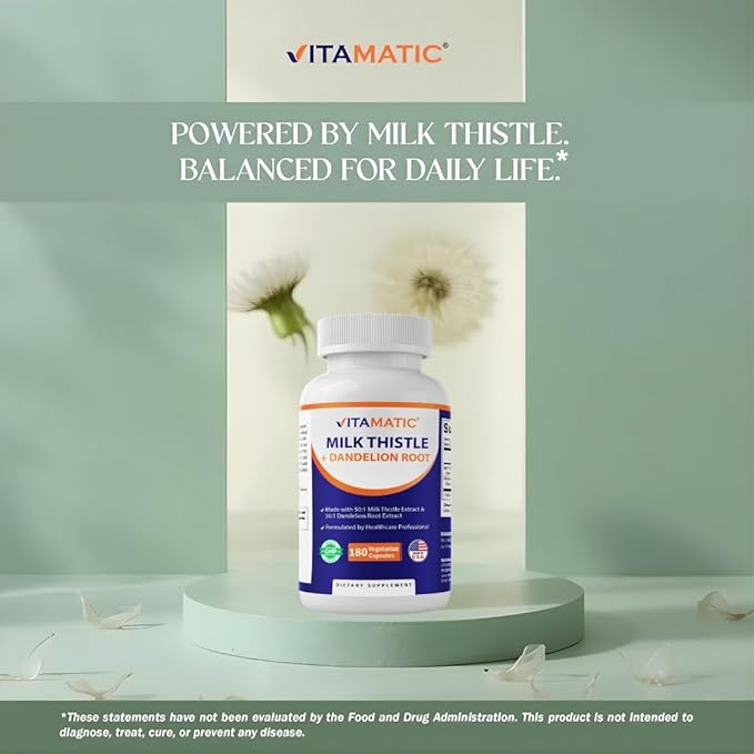Vitamatic Milk Thistle with Dandelion Root – 50:1 Plant-Based Botanical Extract – Concentrated Herbal Capsules – Vegetarian, Non-GMO, Gluten-Free – 180 Capsules