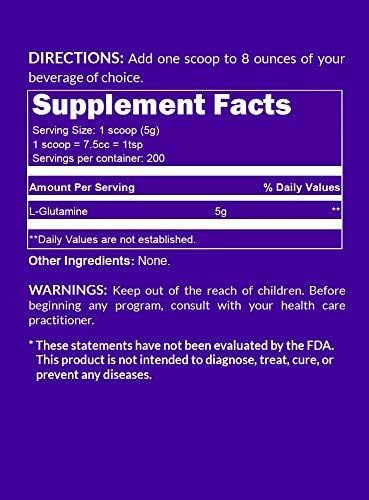 Pure L-Glutamine Made in The USA - 200 Servings - 1,000g, 2.2lb Bulk, Vegan, Non-GMO, Gluten and Soy Free. Minimize Muscle Breakdown & Improve Protein Synthesis. No Additives