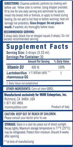 Mommy's Bliss Baby Probiotics + Vitamin D Drops,Supports Digestive Health & Immune Function*,400IU Vitamin D,Supports Bone Development*,Newborns+,Flavorless,0.34 Fl Oz (30 Servings),(Pack of 2)