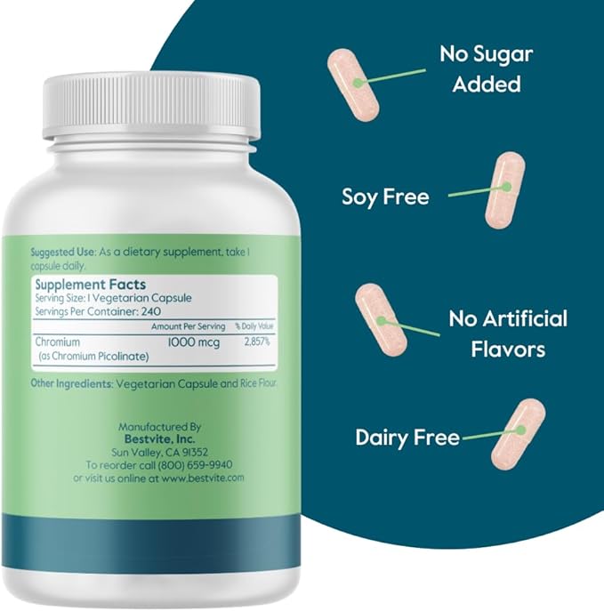 BESTVITE Chromium Picolinate 1000mcg (240 Vegetarian Capsules) - No Stearates - Vegan, Gluten Free, Non-GMO - Mineral Supplement - Supports Healthy Metabolism* - Easy-to-Swallow Capsules