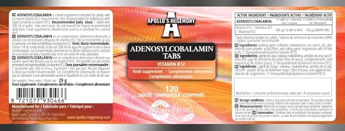 APOLLO'S HEGEMONY Adenosylcobalamin 120 Tablets - Optimal Bioavailable Vitamin B12 for Enhanced Energy Metabolism - 480 Servings - Diet Supplement