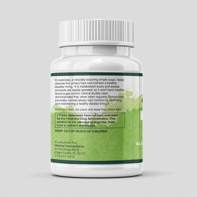 Herbal Connections D-Mannose 1000mg, Veg Capsules, Urinary Tract Cleanse & Bladder Support, 60 Count, Pure Non-GMO Cranberry-Free Monosaccharide, 30 Servings