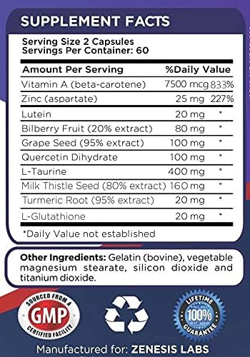 Zenesis Labs Lutein Vision Support - Essential Eye Vitamin - with Bilberry, Beta-Carotene, Zinc, Grapeseed & Other Minerals - 120 Capsules - 60 Day Supply