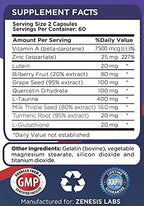 Zenesis Labs Lutein Vision Support - Essential Eye Vitamin - with Bilberry, Beta-Carotene, Zinc, Grapeseed & Other Minerals - 120 Capsules - 60 Day Supply