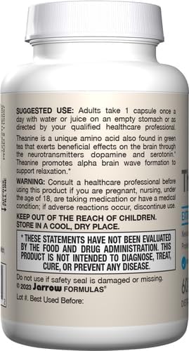 Jarrow Formulas Extra Strength L Theanine 200mg Dietary Supplement that Promotes Relaxation, Supplement for Relaxation Support, 60 Veggie Capsules, 60 Day Supply (Pack of 12)