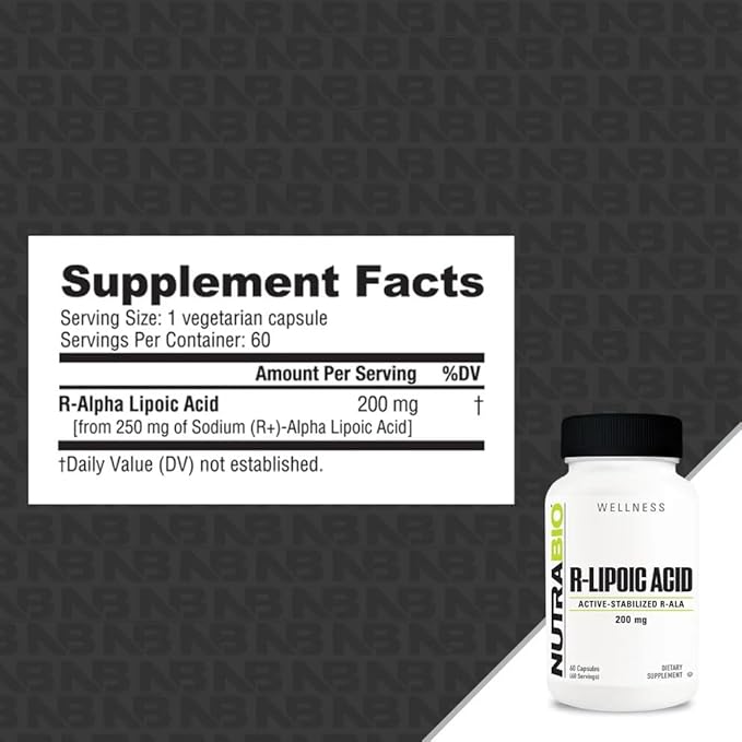 NutraBio R-Lipoic Acid Supplement, 200mg Active Stabilized R-ALA - Optimized Alpha Lipoic Acid Formula for Better Absorption to Support Health and Wellness - 60 Capsules